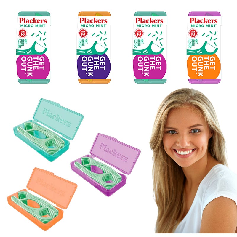 Plackers Micro 12 Count Flosser with Travel Case, Mint, 4-Pack - Image 1
